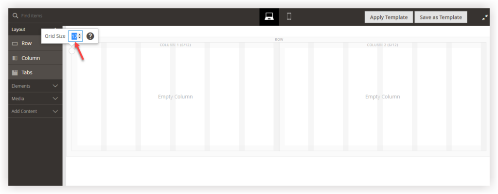 default column grid size in the page builder workspace