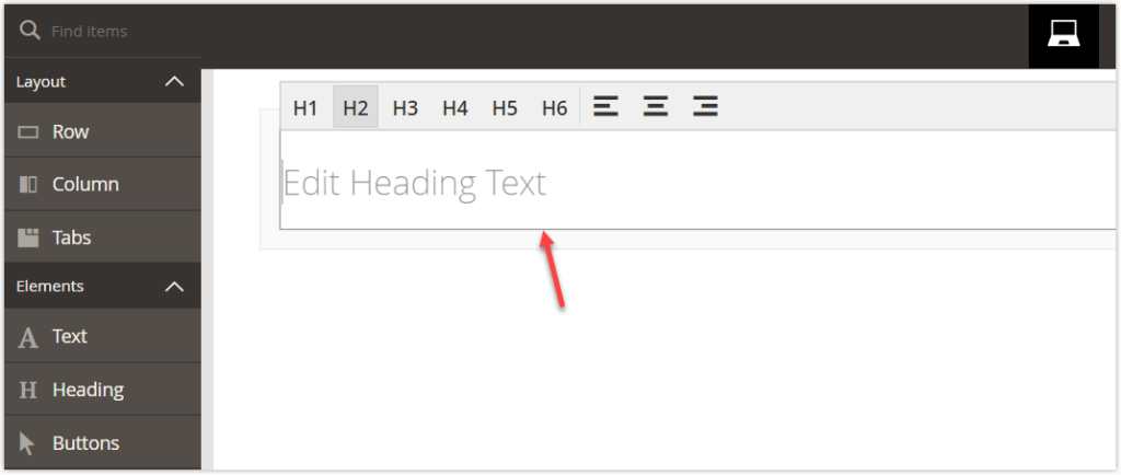 heading element in magento page builder stage