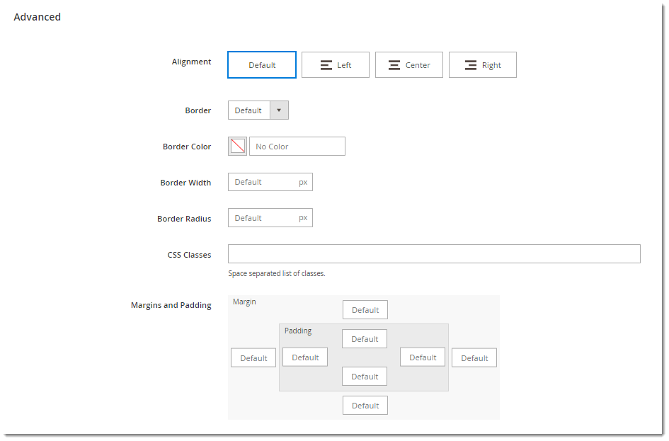 advanced settings row in magento page builder