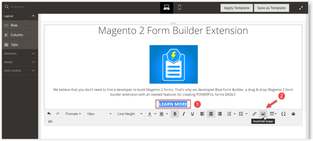 insert and edit link in magento page builder text