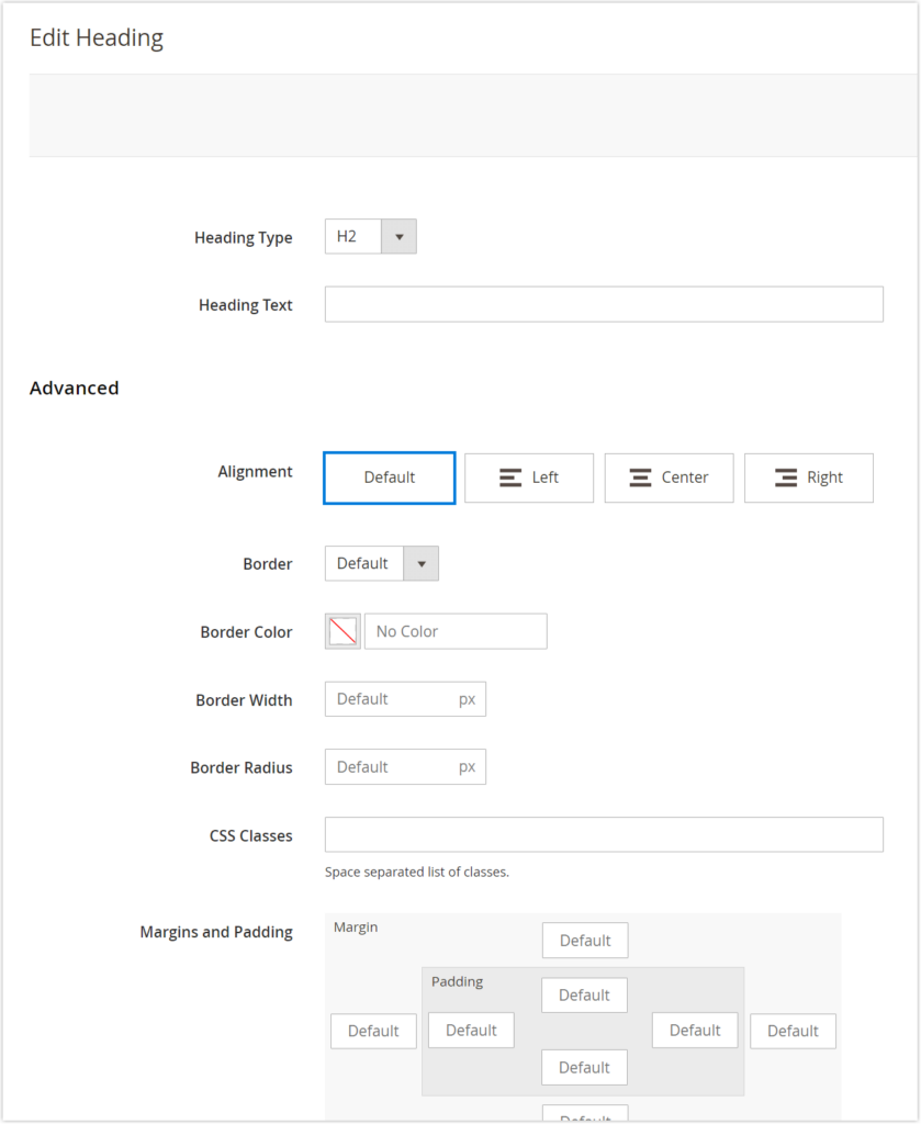 magento page builder heading settings page