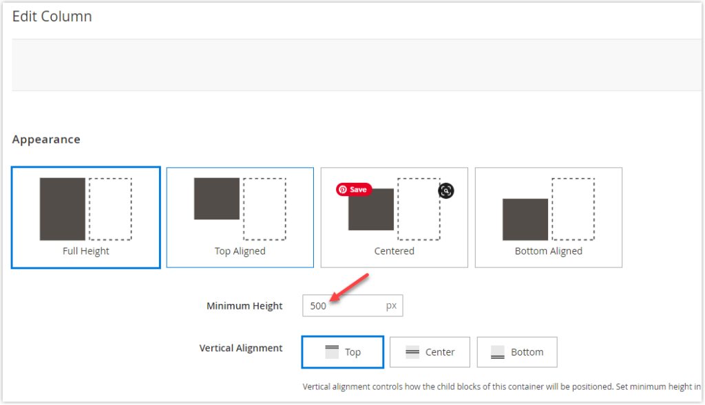 minimum height in magento page builder colum 2