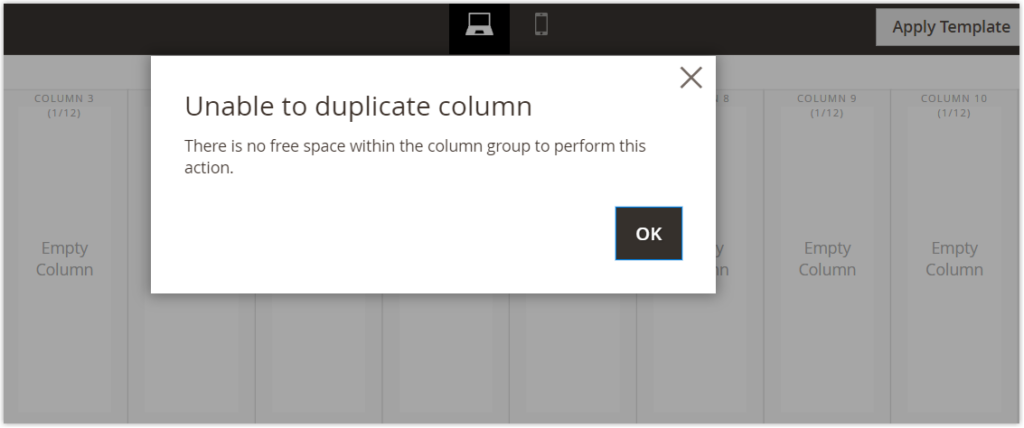 unable to duplicate column in magento page builder