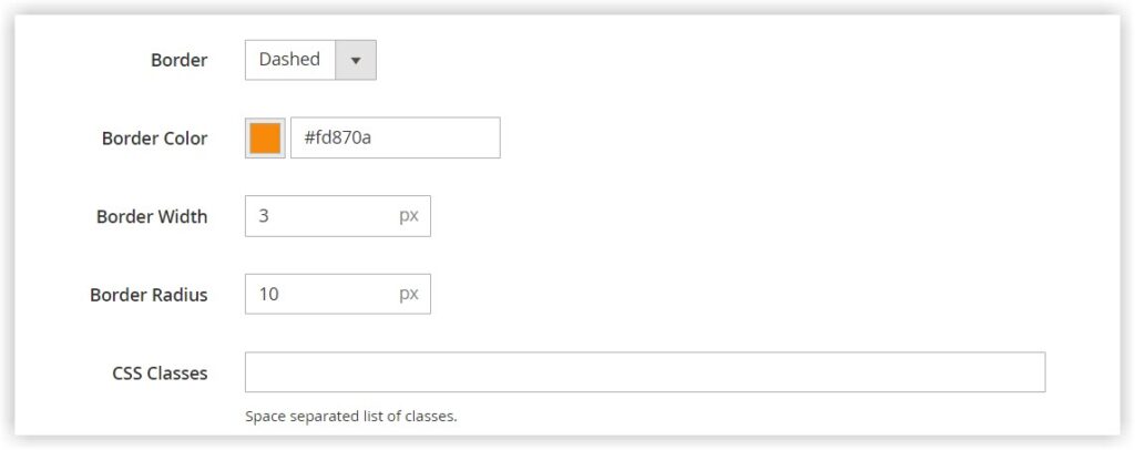 border settings buttons container in magento page builder