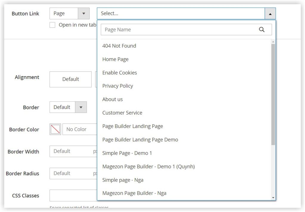 button link page in magento page builder