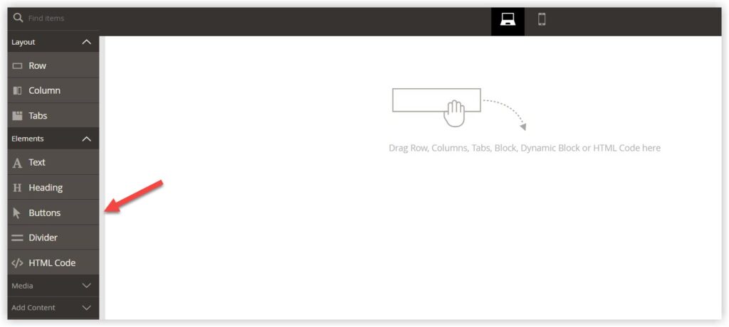 where is buttons content type in magento page builder