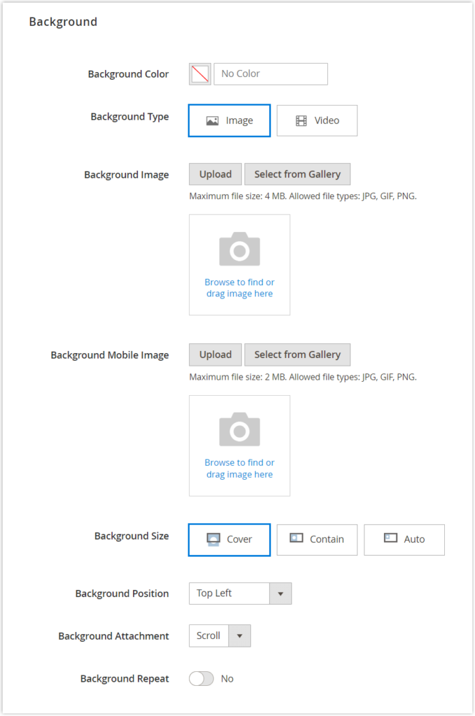 Background section on Magento Page Builder Banner Edit Page