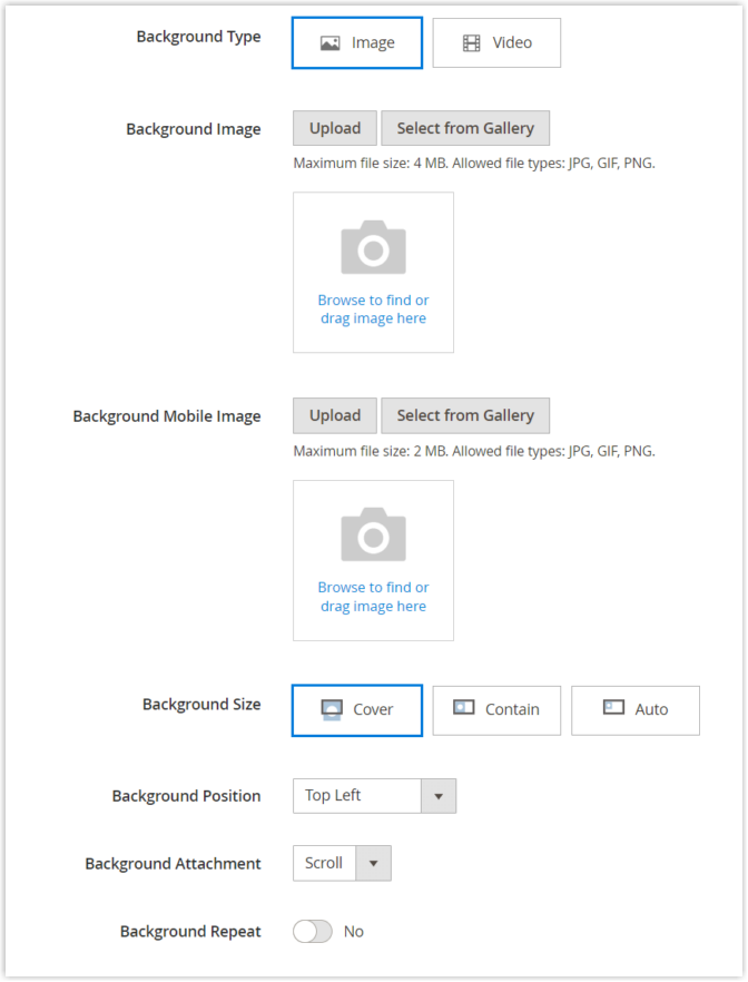 Image background settings on magento page builder banner edit page