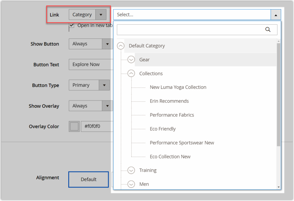 Select a category or subcategory as the destination page from the category tree