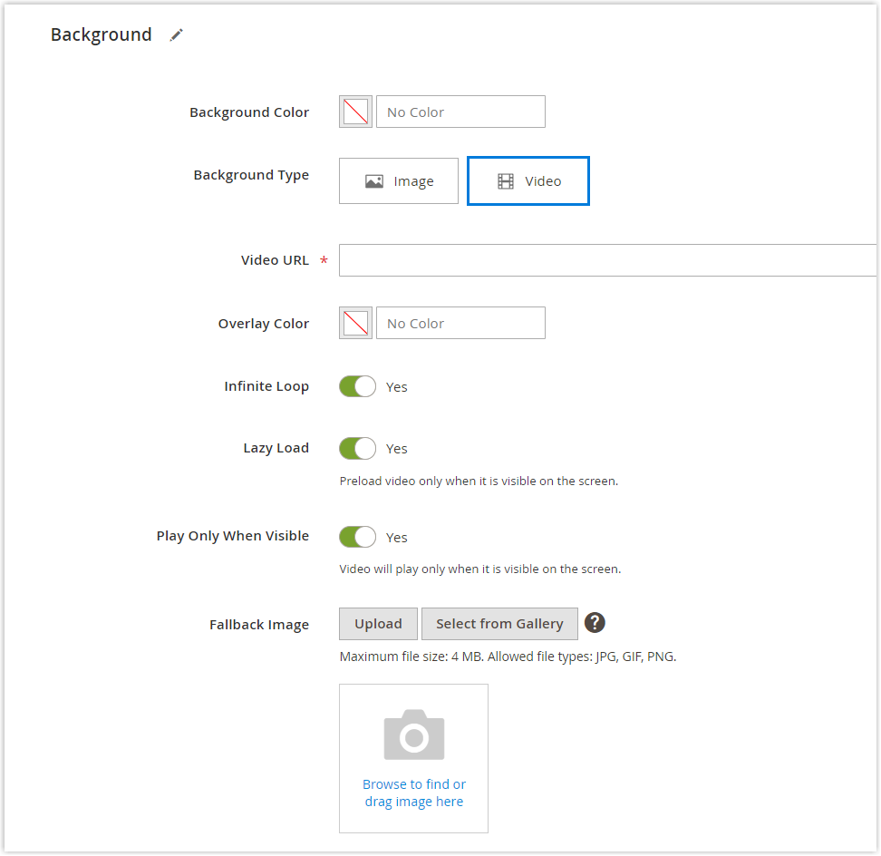 Video type settings in magento page builder banner
