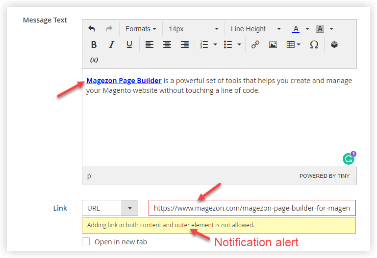 Magento doesn’t allow attaching links in Message Text and in the slide simultaneously 