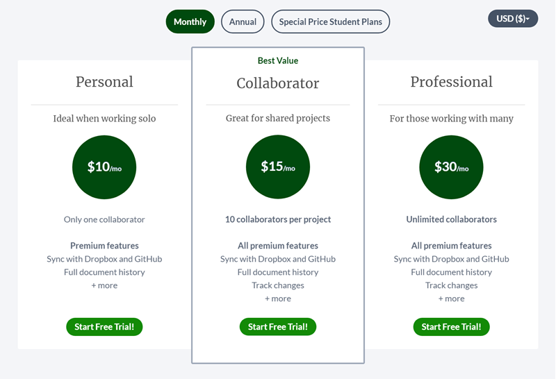 Overleaf - One Of The Best Pricing Table Examples.