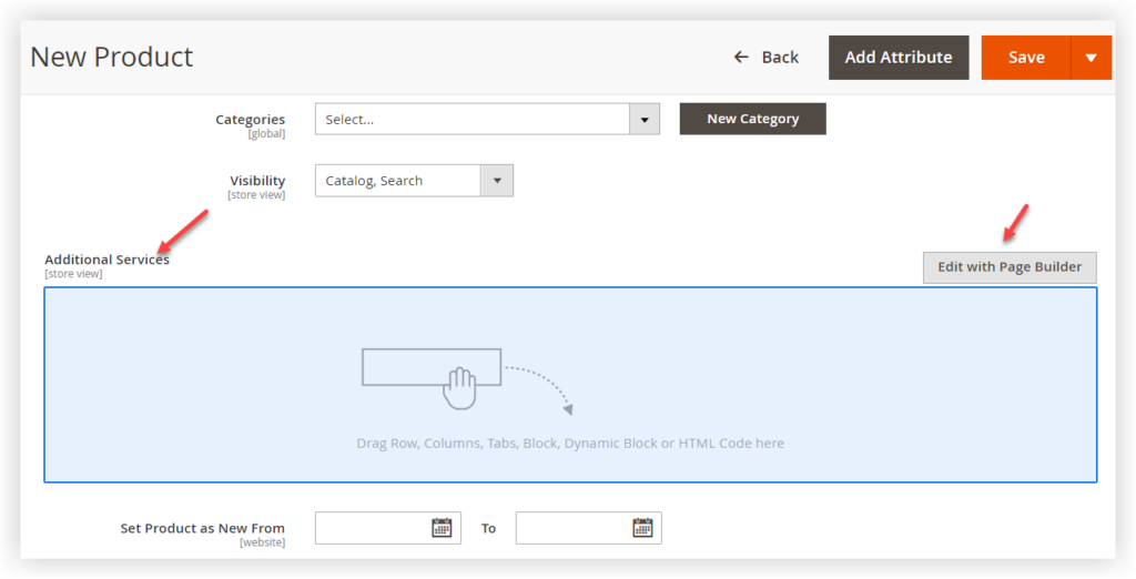 Page Builder acts as an Input Type of Product Attributes