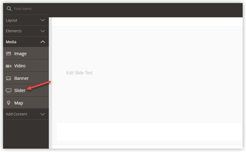 Find Slider content type in Magento Page Builder