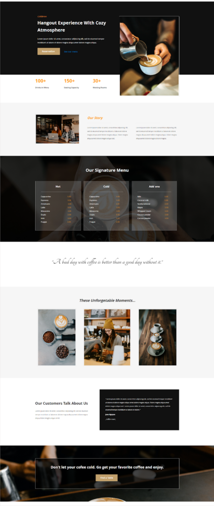 The coffee landing page created using Magento Page Builder 