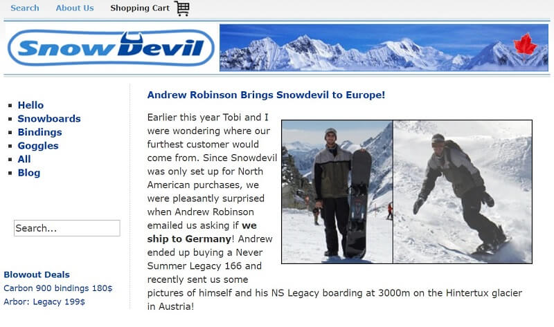 SnowDevil - the snowboard store of Tobias and Scott before they launched Shopify