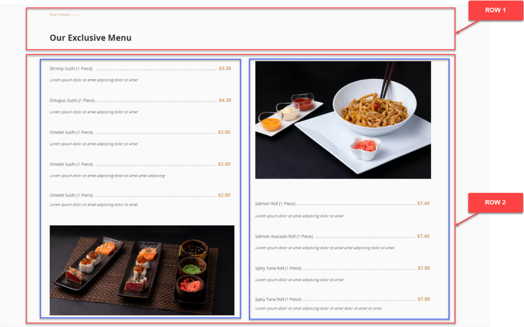 The Our Menu section structure