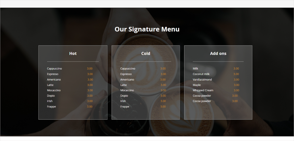 the our signature menu section on the coffee landing page