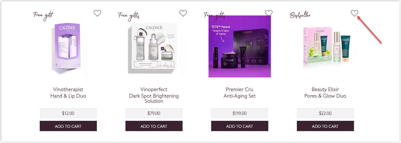 caudalie product listing page heart icon