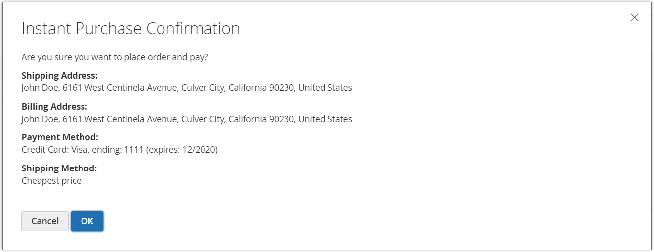 Magento 2 instant purchase - Confirmation dialog