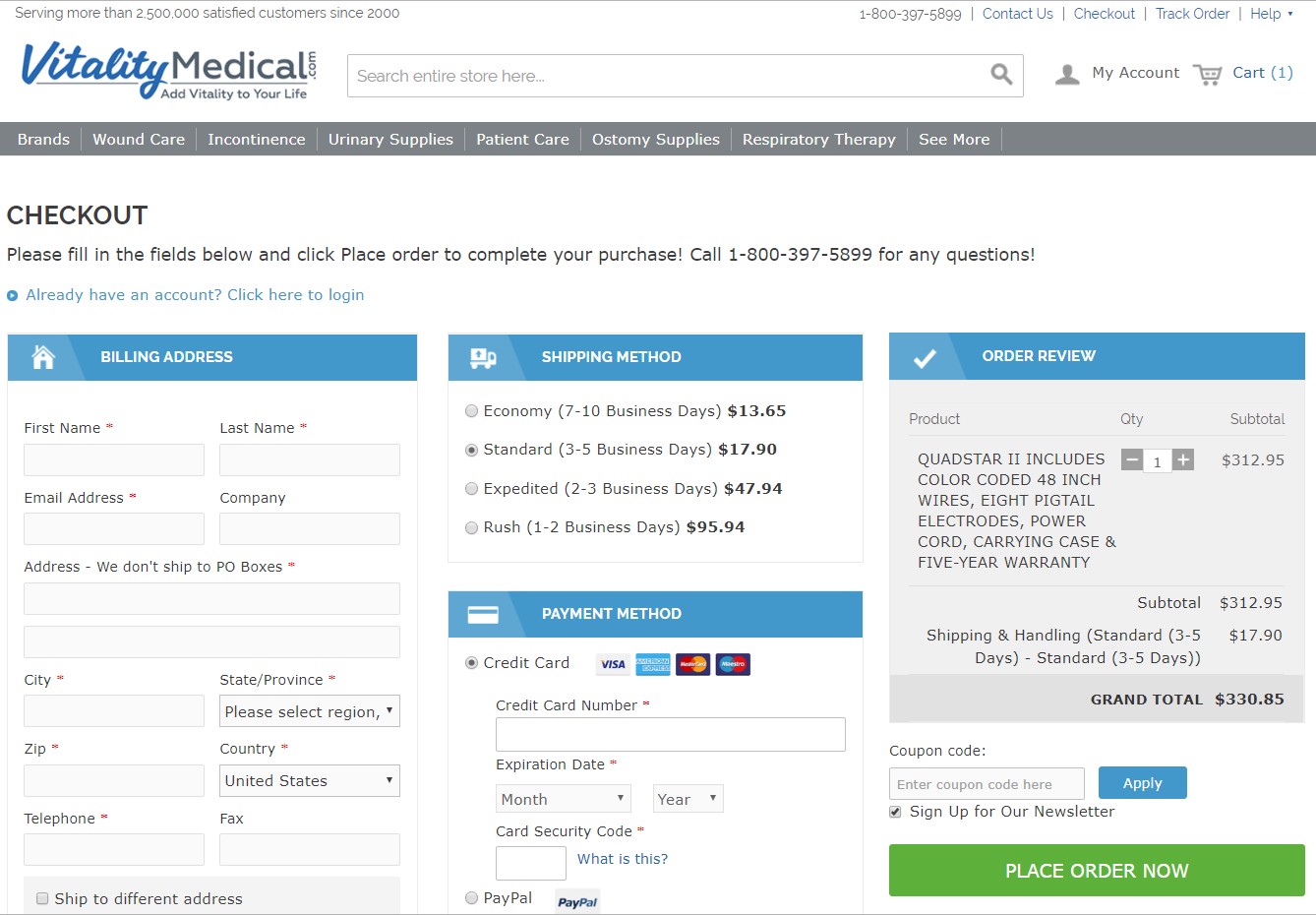 one page checkout vitality medical