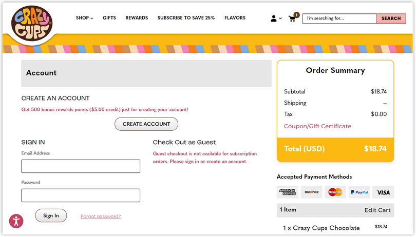 crazy cups checkout page design