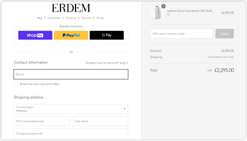 erdem checkout page design