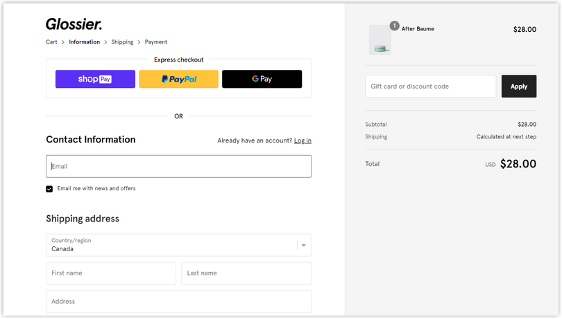 glossier checkout page design