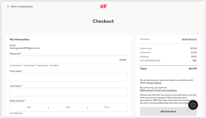 H&M checkout page design