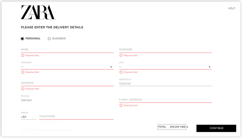 zara checkout page design