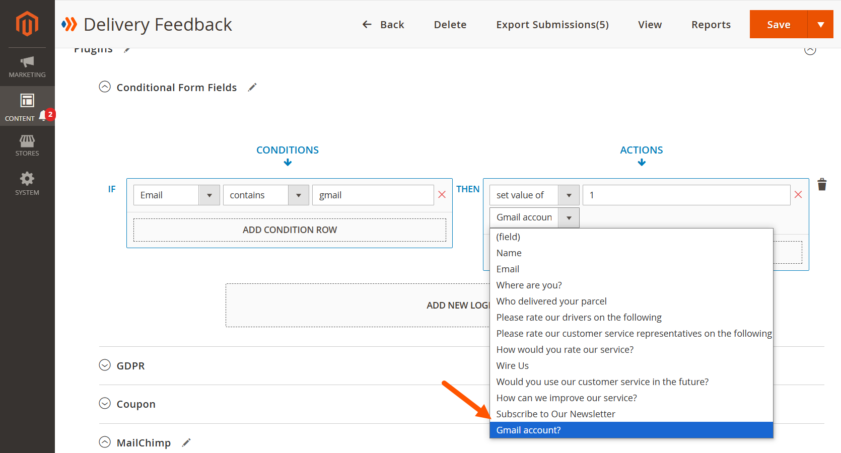 Field label in dropdown